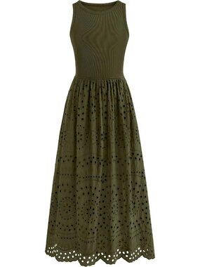 Women's Dress Maxi Army Green Crew Neck Short Sleeveles Pockets A Line Summer